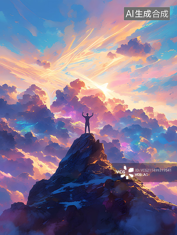 【AI数字艺术】登上山顶的人图片素材