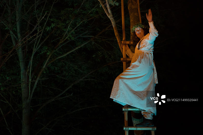 在Timber音乐节上，艾米丽·威廉姆斯在Jony Easterby的新剧《树与木》中，站在梯子上高歌图片素材