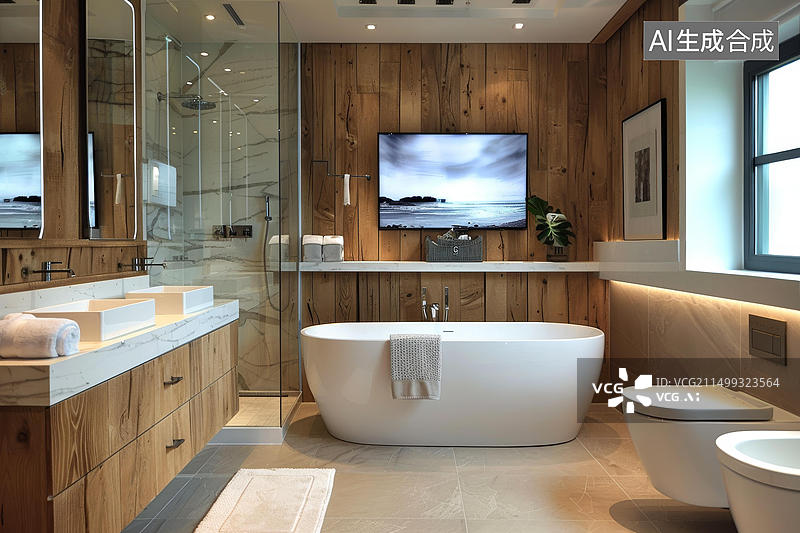【AI数字艺术】柚木墙板与白色大理石瓷砖相结合的浴室图片素材