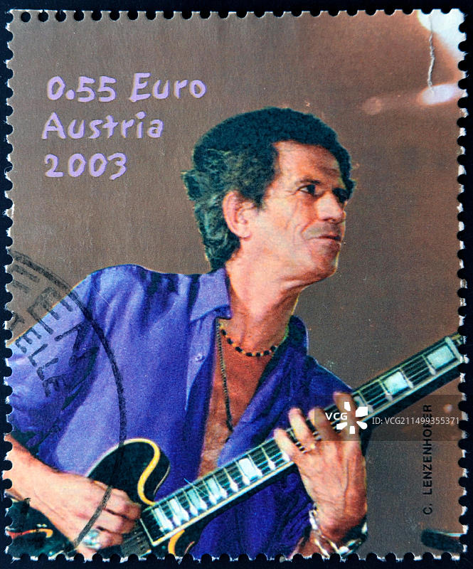 奥地利 - 2003年左右：奥地利发行的邮票，展示了英国著名音乐家、作曲家、歌手基思·理查兹的形象图片素材