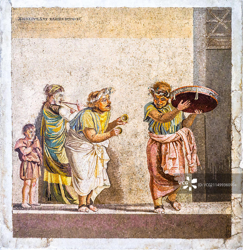 街头音乐家：镶嵌图案，由萨摩斯岛的狄俄斯库里德斯签名。庞贝西塞罗别墅图片素材