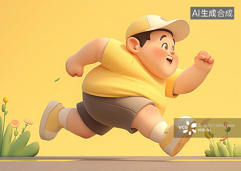 【AI数字艺术】一个肥胖的男孩正努力跑步减肥图片素材