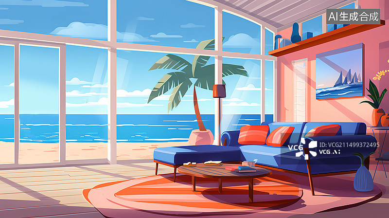 【AI数字艺术】现代海景休闲室插画图片素材