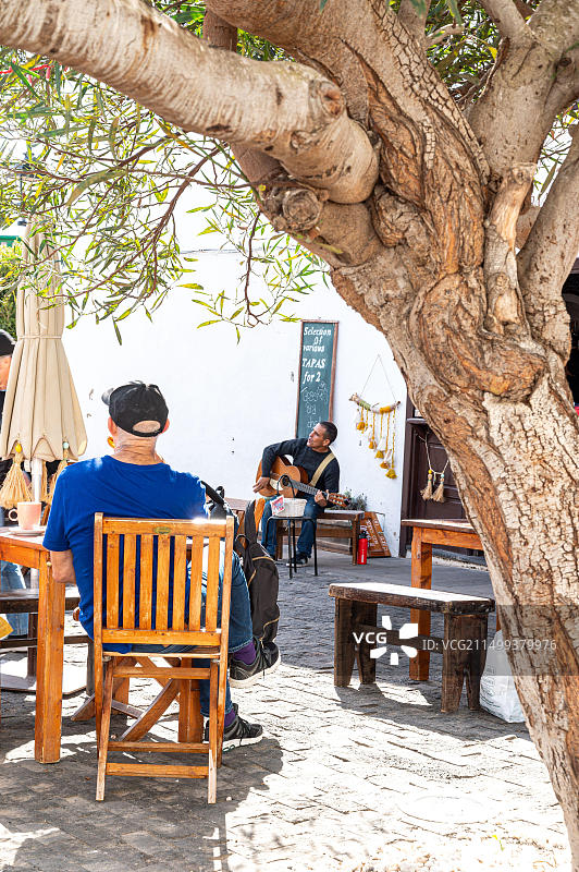 音乐家在小型户外咖啡馆表演，观众包括一位坐在树干旁的蓝色T恤男子图片素材