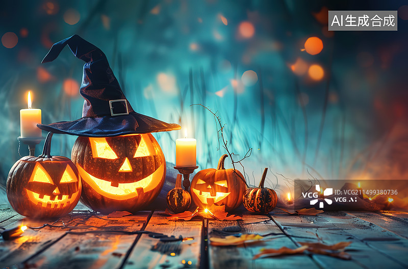 【AI数字艺术】万圣节期间桌上点燃的蜡烛的特写镜头图片素材