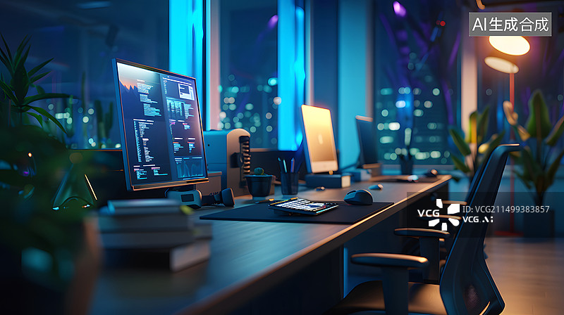 【AI数字艺术】科技之夜，创意与专注的办公空间图片素材