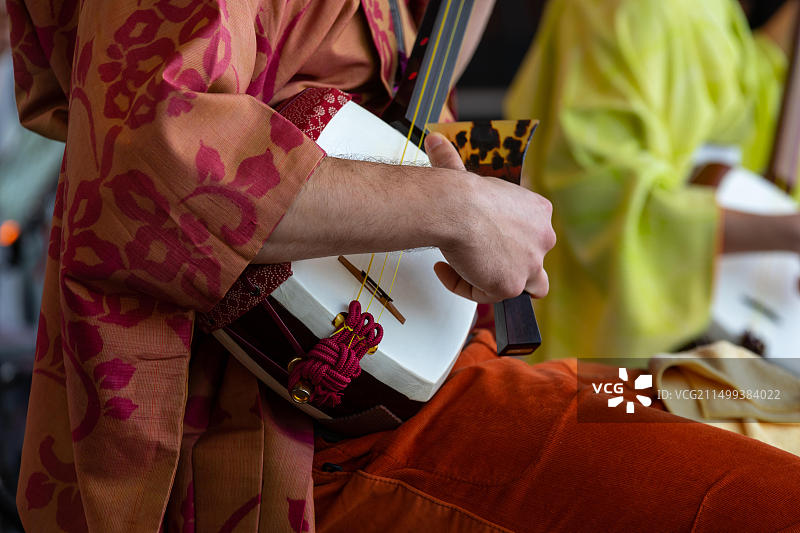 樱花盛开日：世界花园公园内的三味线演奏图片素材