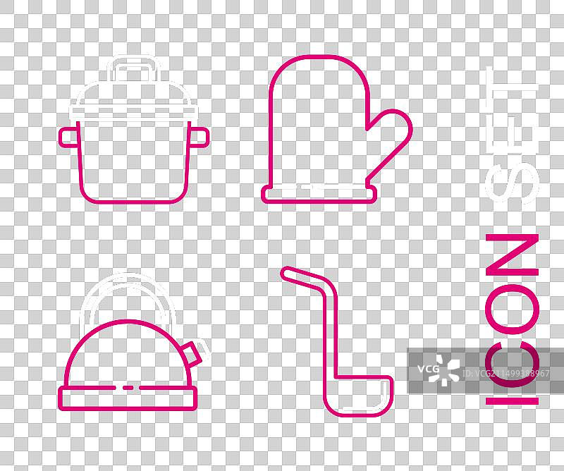 厨房用具线条图标：汤勺、带把手的水壶、烤箱图片素材