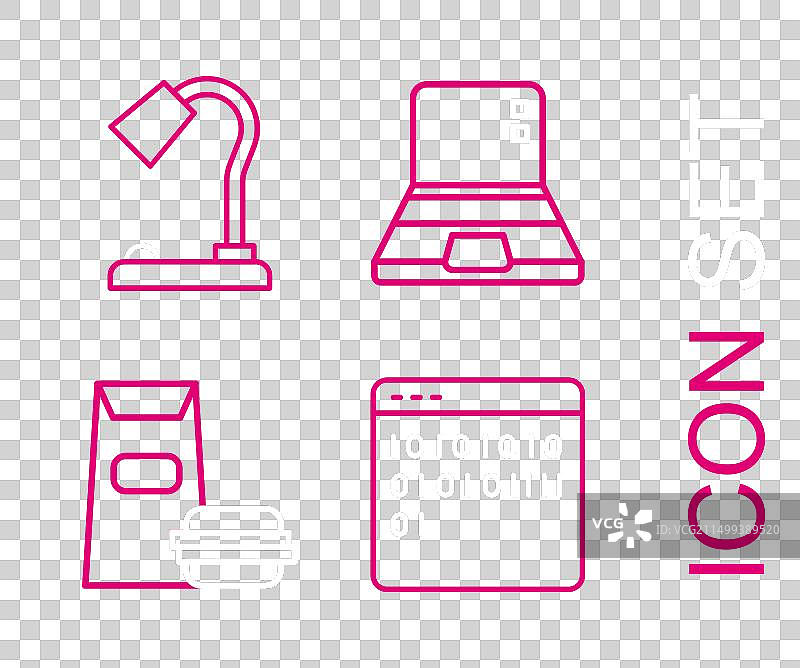 二进制代码、汉堡、笔记本电脑和台灯线条设计图片素材