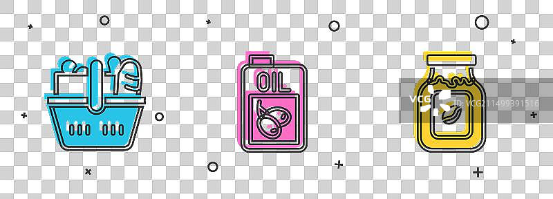 购物篮和橄榄油瓶套装图片素材