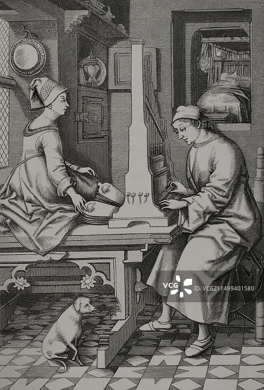 便携式管风琴（键盘允许风琴师双手操作，定音器移动风箱）。德国音乐家在便携式风琴上演奏音乐。以色列·凡·梅肯的雕刻摹本，15世纪。保罗·拉克鲁瓦《中世纪和文艺复兴时期的艺术》，巴黎，1877年。图片素材