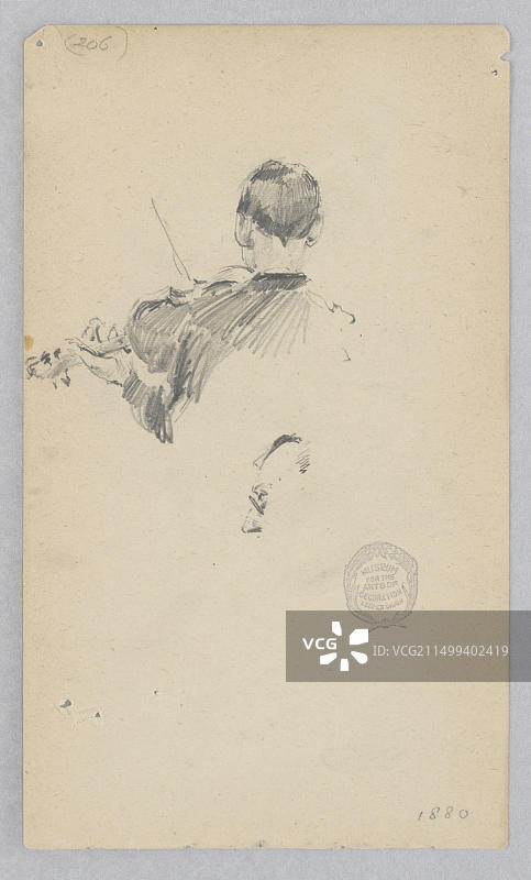 演奏小提琴的音乐人，罗伯特·弗雷德里克·布卢姆，美国，1857-1903年，在编织纸上绘石墨，男性人物演奏小提琴的素描，美国，1880年，音乐，绘画图片素材