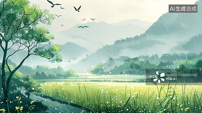 【AI数字艺术】谷雨节气燕子稻田图片素材