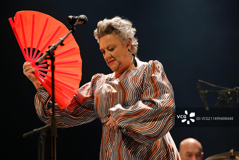 里摩日,法国。2023年11月16日。卡兹·霍金斯在法国利摩日举行的Eclats d 'Email爵士音乐节的开幕音乐会上。爱尔兰歌手兼音乐家卡兹·霍金斯以一场音乐会拉开了节日的序幕，她在这里表达了她多元多彩的宇宙，表达强烈情感的简单语言，与她个性相匹配的艺术宇宙，可爱而自由。情感，声音力量，深沉的歌词，幽默，构成了卡兹霍金斯的风格。在利摩日歌剧院举行的音乐会一开始，观众就被征服了，热情高涨。卡兹·霍金斯给我们上了一堂关于韧性和救赎的课图片素材