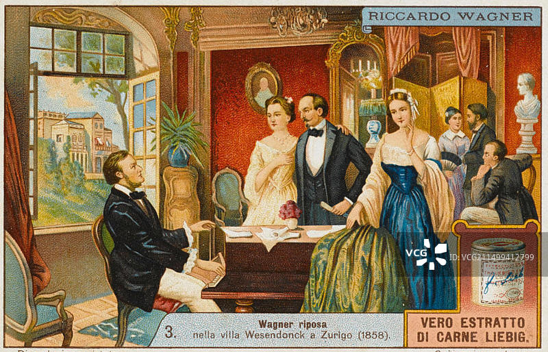 理查德·瓦格纳（1813-1883）：德国歌剧作曲家，在一张宣传意大利牛肉提取物的明信片上迎接客人，约1910年图片素材