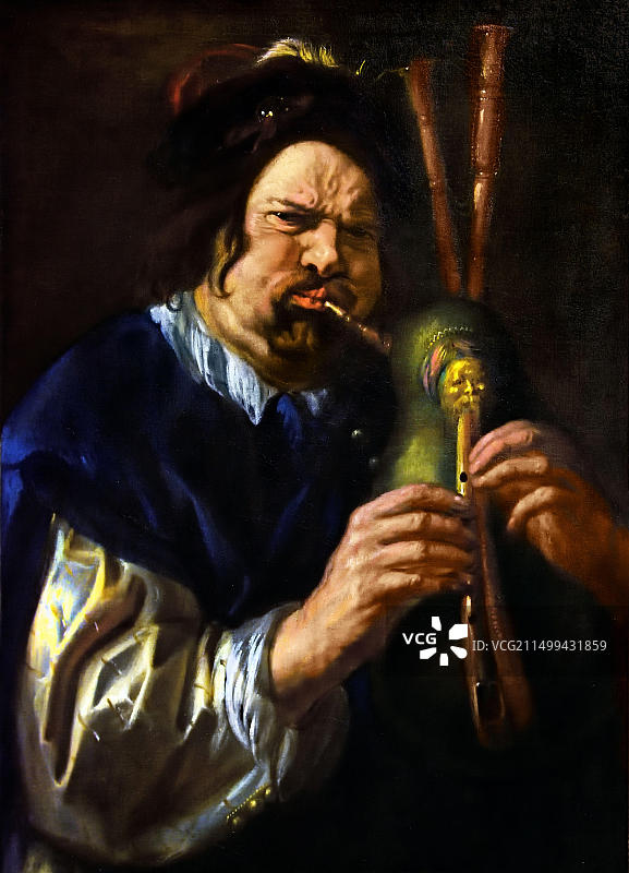 雅各布·约丹斯作品《风笛手》（1593-1678），比利时安特卫普皇家美术博物馆图片素材