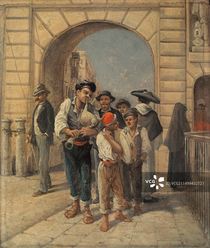 吉罗拉莫·吉安尼（1837-1895）：意大利画家，1891年马耳他传统服饰街头音乐家，油画，瓦莱塔国家美术博物馆，马耳他图片素材
