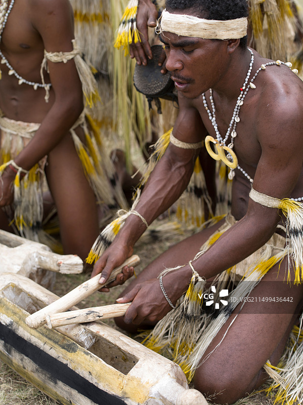 戈罗卡表演中的拉穆文化团体鼓手，巴布亚新几内亚图片素材