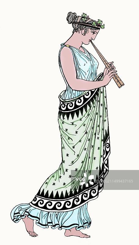 身穿古希腊束腰长袍、吹奏奥洛斯管的希腊女子，19世纪版画图片素材