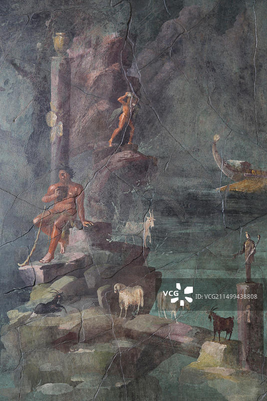 罗马壁画：奥古斯都时代波斯科特雷卡塞阿格里帕·波斯图穆斯别墅的景象，公元1世纪，波吕斐摩斯风景图片素材