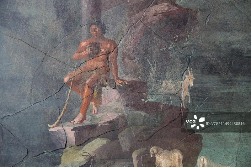 罗马壁画：奥古斯都时代波斯科特雷卡塞阿格里帕·波斯图穆斯别墅的景象，公元1世纪，波吕斐摩斯风景图片素材