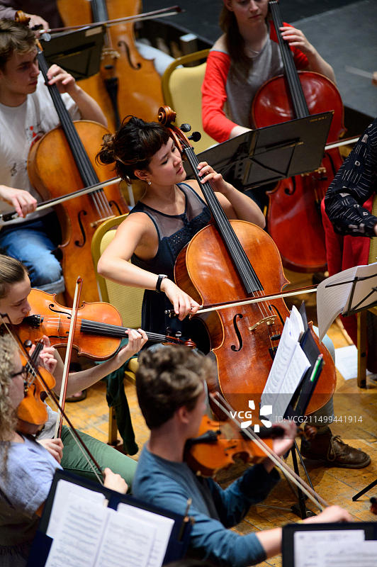 弦乐：伦敦学校交响乐团的大提琴部分在阿伯里斯特威斯艺术中心的2014年音乐节上排练图片素材