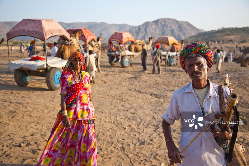 印度普什卡骆驼集市上的旅游骆驼车图片素材