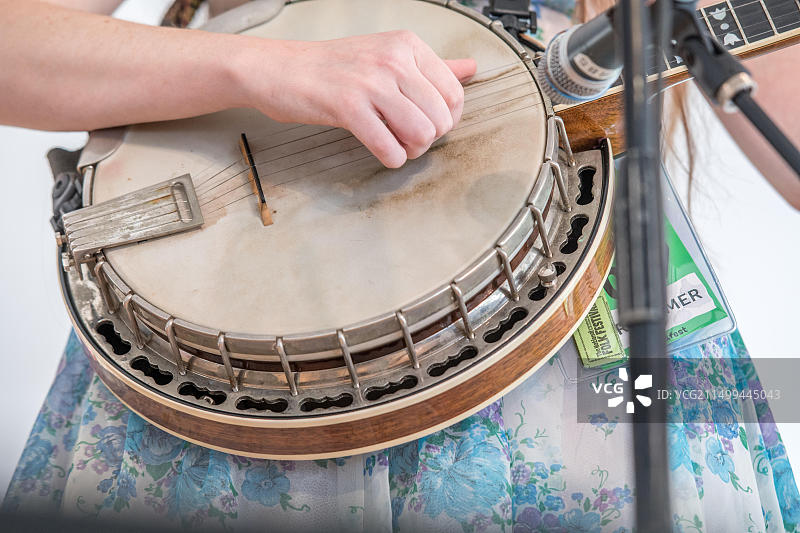 在北卡罗来纳州格林斯博罗市，手弹班卓琴琴弦的细节特写图片素材