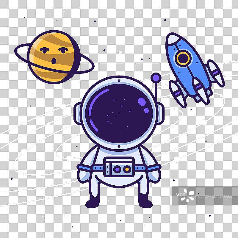 宇航员在太空与行星和火箭图片素材