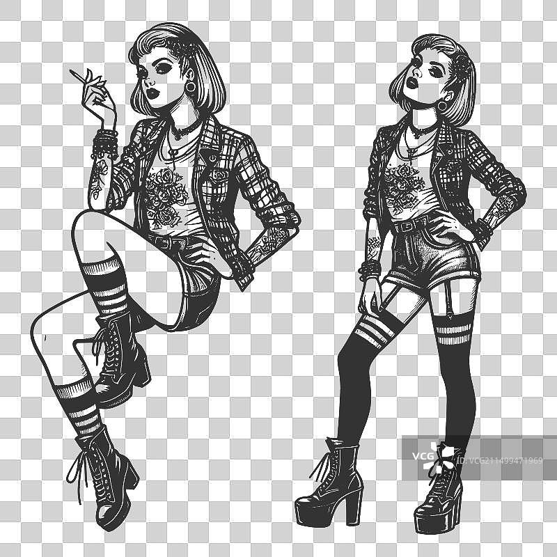 时尚朋克女性姿势雕刻素描图片素材