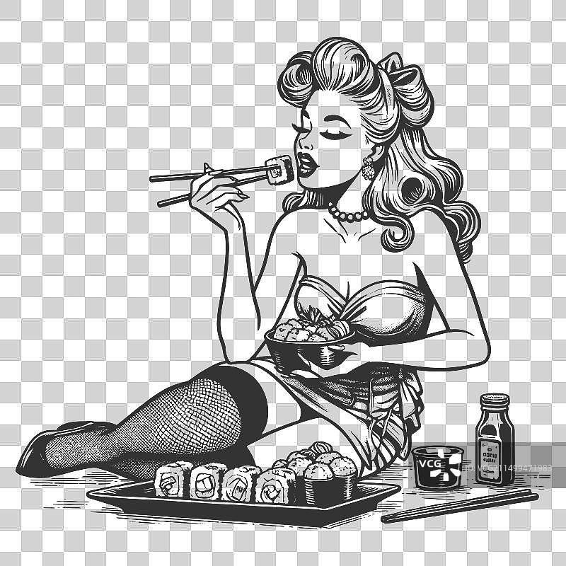 享用寿司卷雕刻的女人图片素材