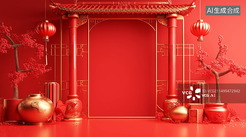 【AI数字艺术】红色喜庆灯笼大鼓展台插画图片素材