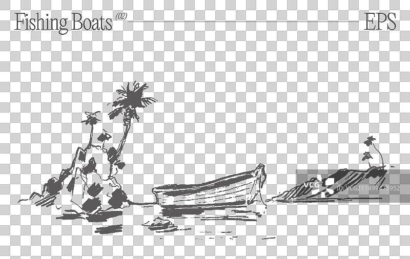 沙滩上的渔船与棕榈树图片素材