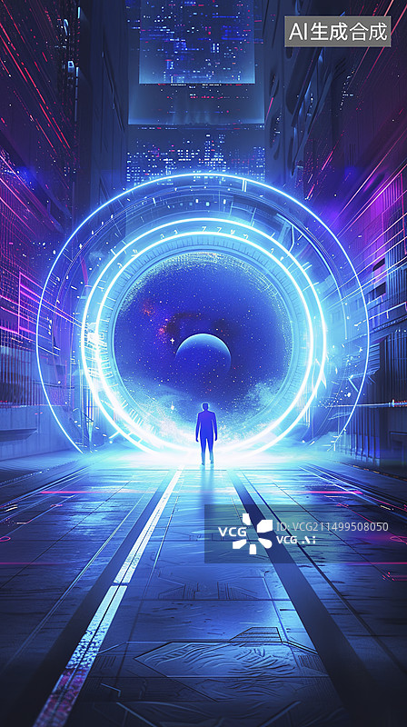 【AI数字艺术】一个人在通往科技未来的隧道背影图片素材
