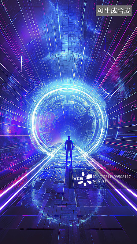 【AI数字艺术】一个人在通往科技未来的隧道背影图片素材