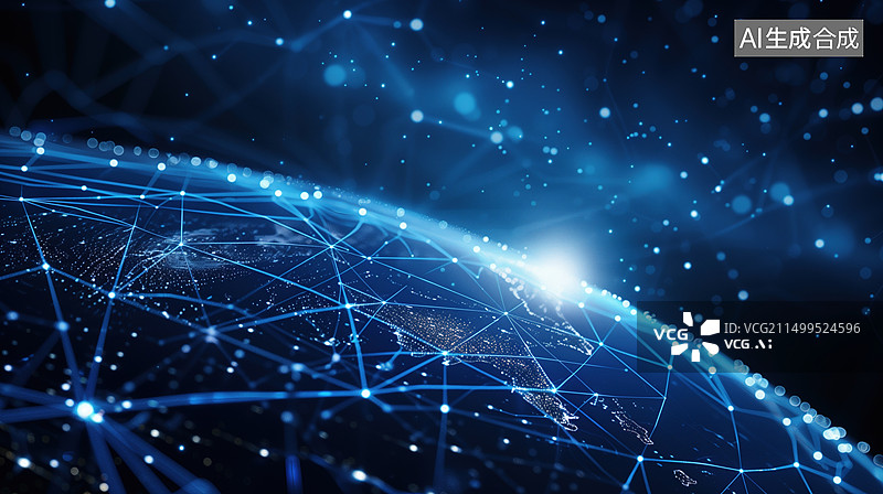 【AI数字艺术】抽象的数字技术背景，发光的蓝色网络网格覆盖整个地球，暗空间背景上的全球连接概念设计图片素材