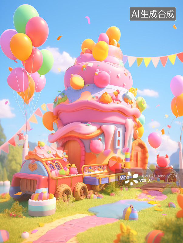 【AI数字艺术】多巴胺3D立体气球城堡乐园欢乐六一图片素材
