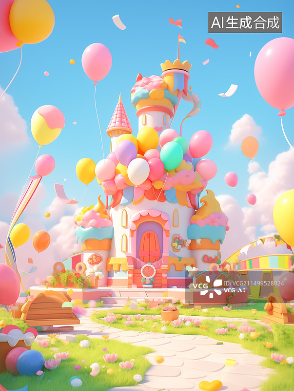 【AI数字艺术】多巴胺3D立体气球城堡乐园欢乐六一图片素材
