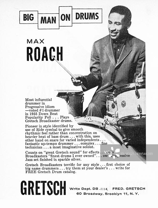 20世纪60年代早期杂志上的广告，传奇爵士鼓手马克斯·罗奇代言格雷奇鼓图片素材