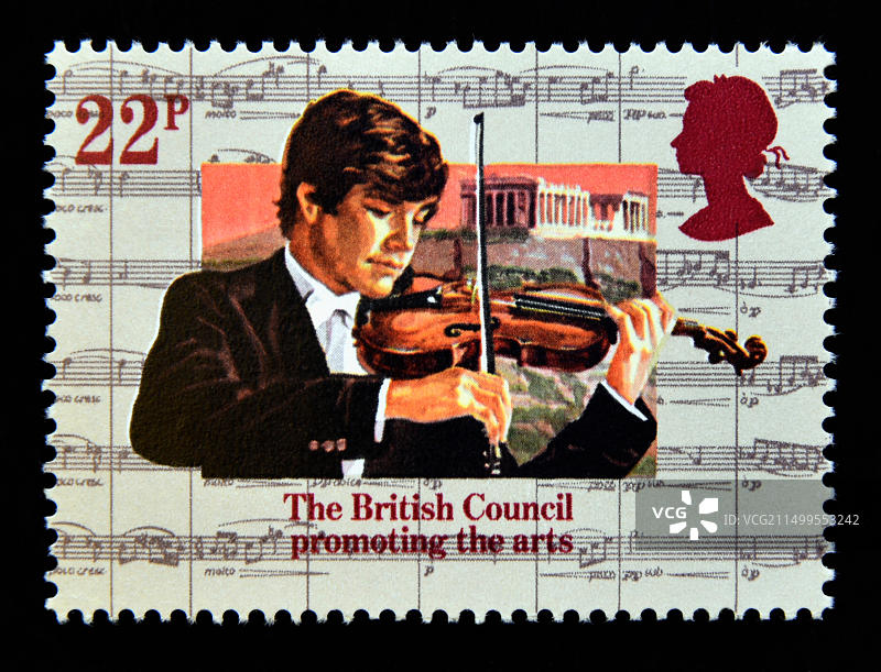 邮票：英国，伊丽莎白二世，1984年，英国文化协会成立50周年，小提琴家与雅典卫城图片素材