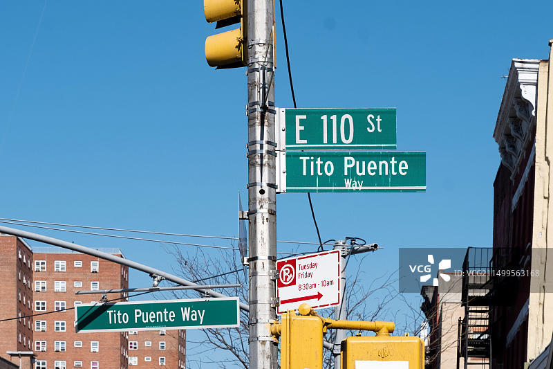 纽约曼哈顿西班牙哈莱姆区提托·普恩特街路牌，纪念已故拉丁爵士乐表演家和乐队指挥图片素材