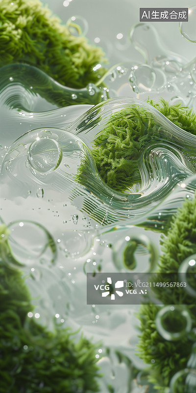 【AI数字艺术】水里泡泡中的绿色植物毛绒苔藓海草3D卡通插画图片素材