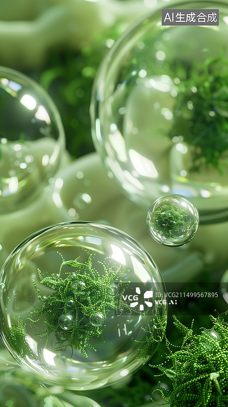 【AI数字艺术】水里泡泡中的绿色植物毛绒苔藓海草3D卡通插画图片素材