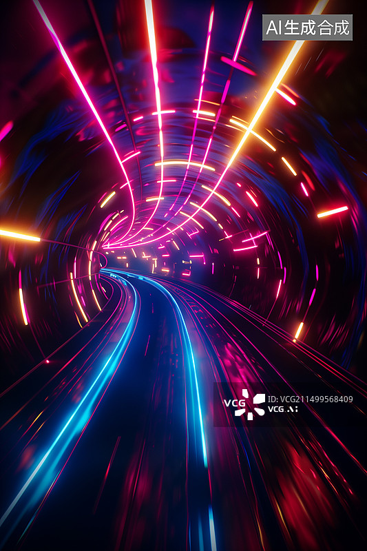【AI数字艺术】赛博朋克荧光色五彩灯带隧道通道3D插画背景图片素材