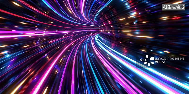 【AI数字艺术】赛博朋克荧光色五彩灯带隧道通道3D插画背景图片素材