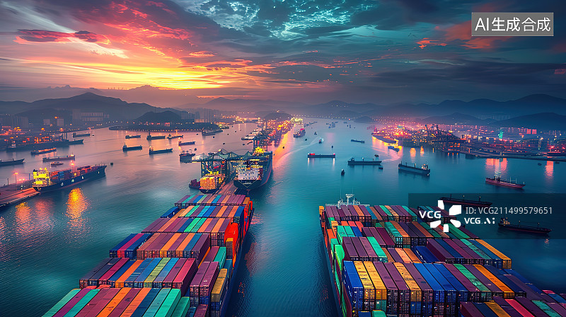 【AI数字艺术】航拍集装箱码头装卸工作图片素材