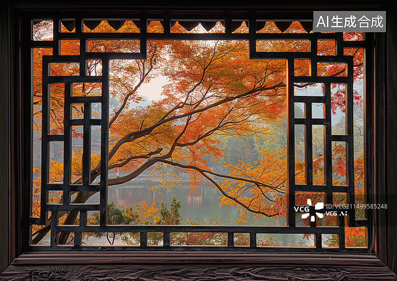 【AI数字艺术】透过窗棂看窗外园林风光造景图片素材