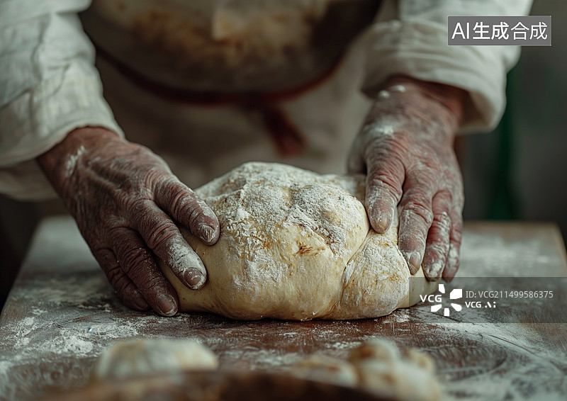 【AI数字艺术】一个男厨师正在手工揉面团图片素材
