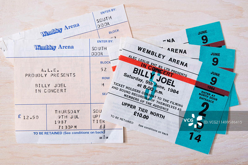 1984年和1987年伦敦温布利体育馆比利·乔尔演唱会票根图片素材