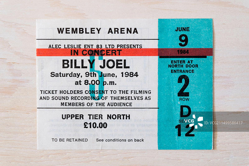 1984年6月9日比利·乔在英国伦敦温布利竞技场演唱会门票存根图片素材